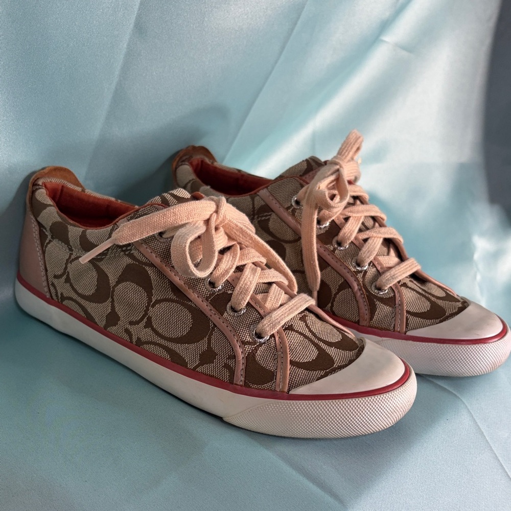 Coach Pink and Brown Signature Canvas Sneakers